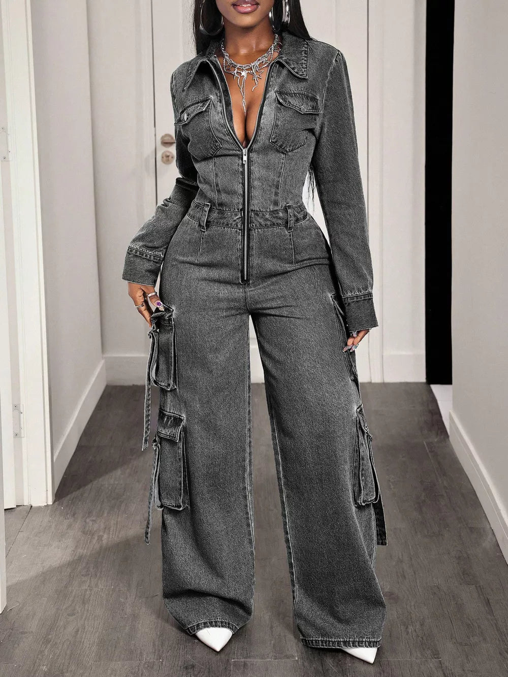Zip Front Wide Leg Cargo Denim Jumpsuit, model styling view