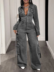 Zip Front Wide Leg Cargo Denim Jumpsuit, model styling view