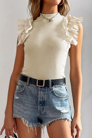 Beige ribbed mock neck top with ruffled sleeves
