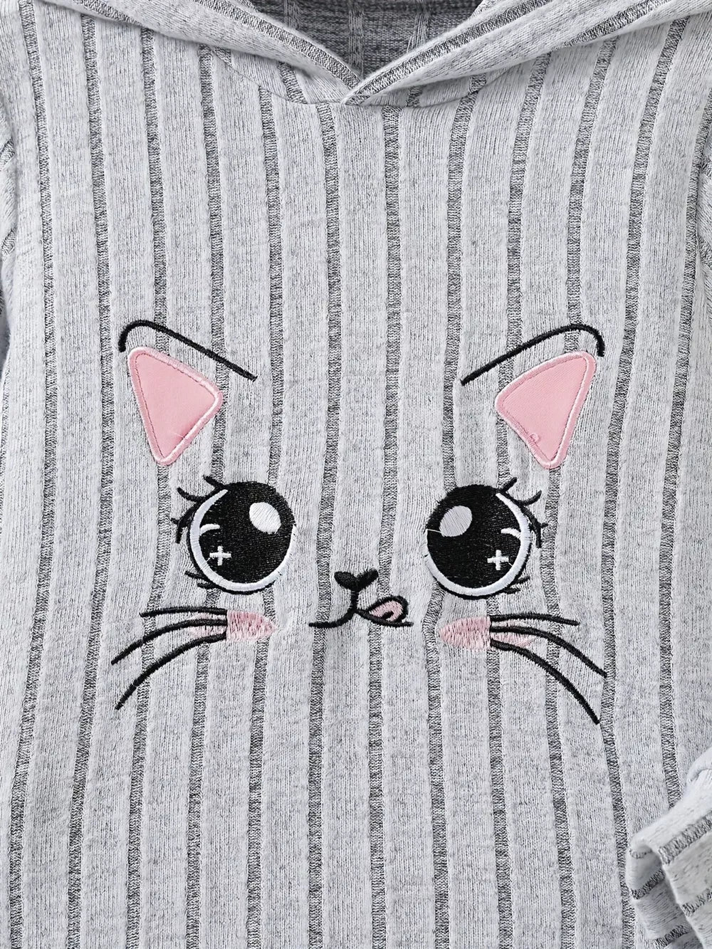 Children's Ribbed Knit Hooded Top And Pants Set in Light Gray, close-up detail