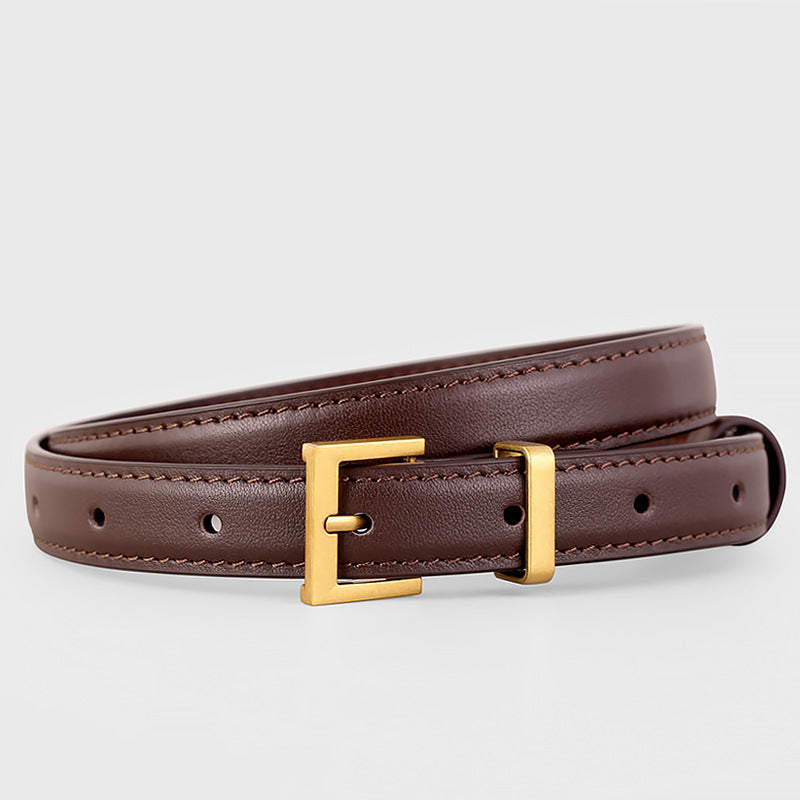 Brown leather skinny belt with gold buckle and stitching detail