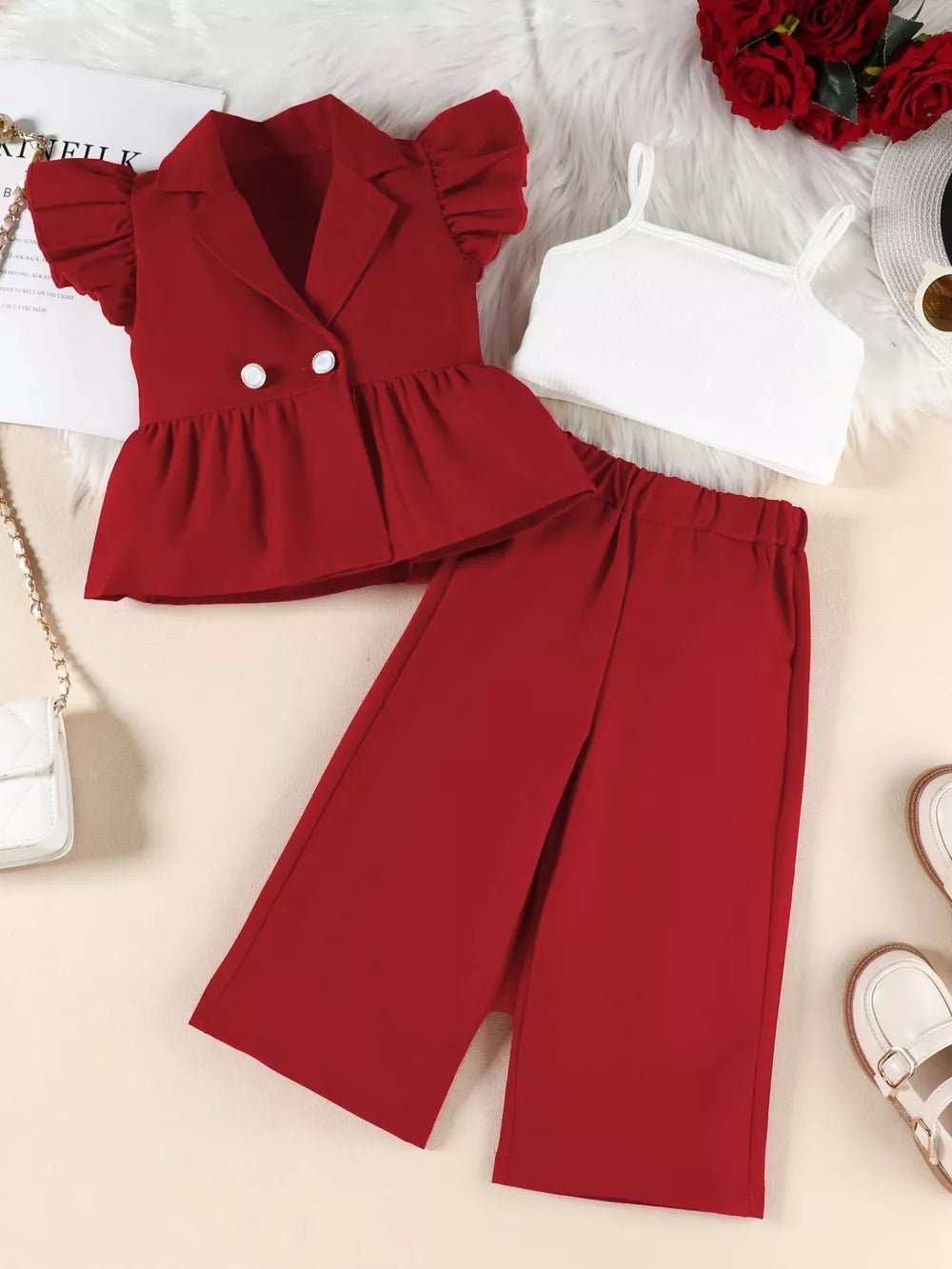 Toddler red ruffle sleeve blazer set with white cami and wide-leg pants