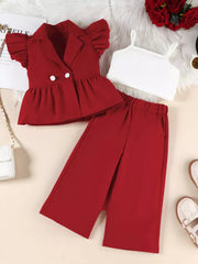 Toddler red ruffle sleeve blazer set with white cami and wide-leg pants