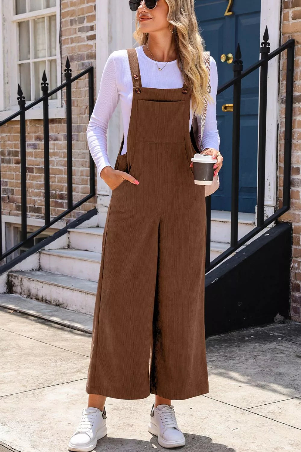 Corduroy Wide-leg Overalls With Pockets in Brown, front view