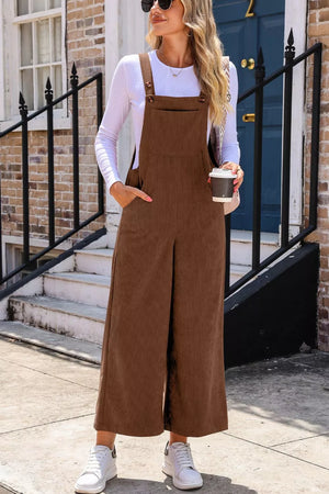 Corduroy Wide-leg Overalls With Pockets in Brown, front view