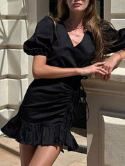 Puff Sleeve Ruffled Hem Mini Dress