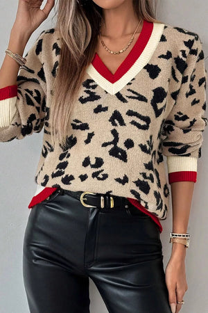 Leopard Pattern V-neck Ribbed Sweater in Leopard, front view