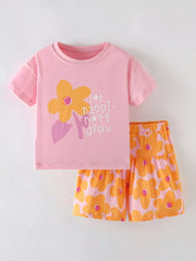 Pink floral tee with text and matching tiered shorts for baby girls