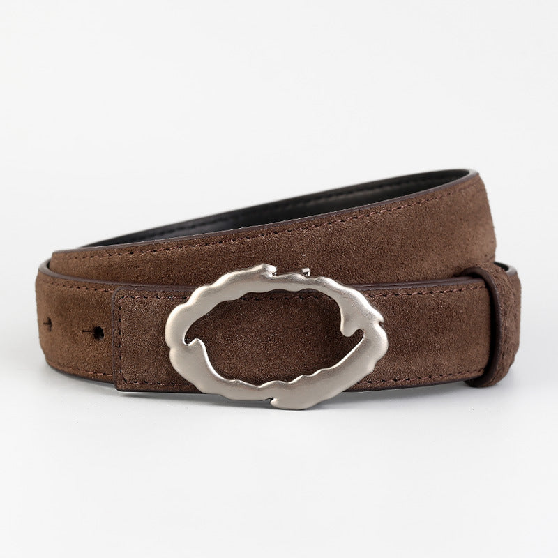 Brown cowhide leather belt with wavy silver buckle
