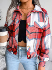 Boxy red plaid shacket with gathered hem, button front, collarless, and chest pockets.