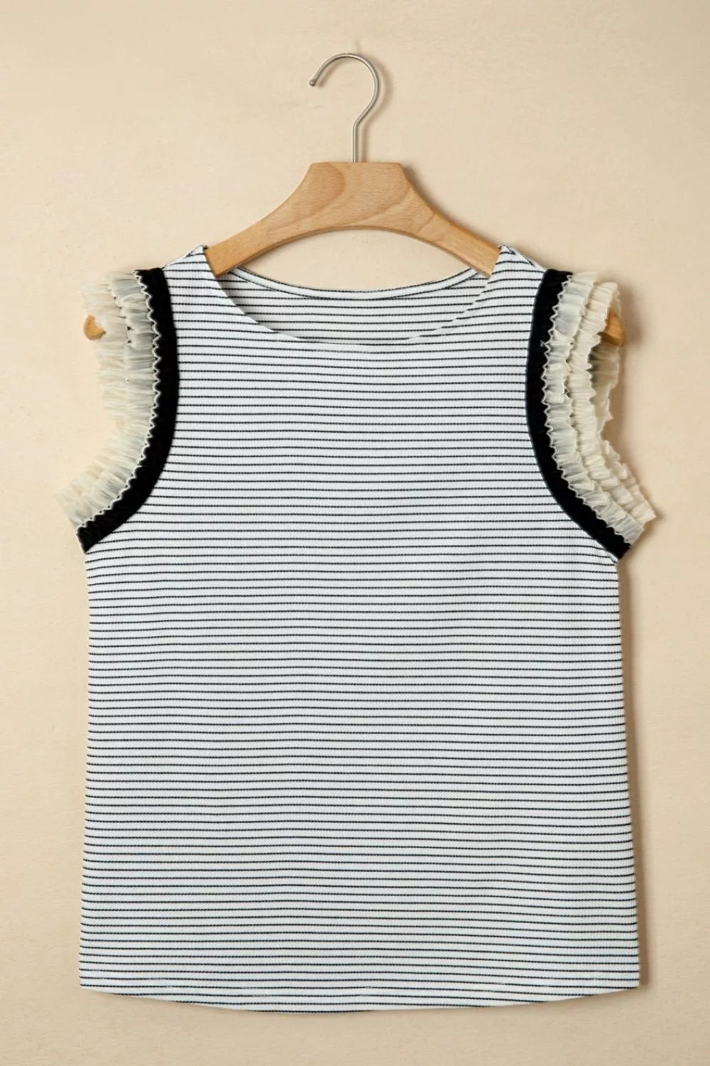 Ruffled stripe detail casual tank top with sheer ruffled sleeves and black trim.