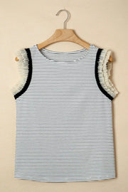 Ruffled stripe detail casual tank top with sheer ruffled sleeves and black trim.