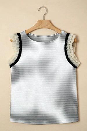 Ruffled stripe detail casual tank top with sheer ruffled sleeves and black trim.