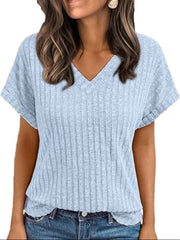 Light blue ribbed V-neck t-shirt with cuffed short sleeves and relaxed fit.