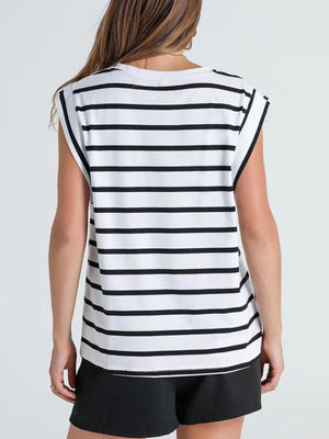 Classic striped sleeveless tank top in white and black.