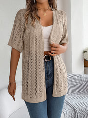 Open-knit chevron sleeve cardigan in tan acrylic with short sleeves and an open front.