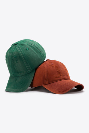 Green and Terracotta distressed baseball caps with adjustable strap detail