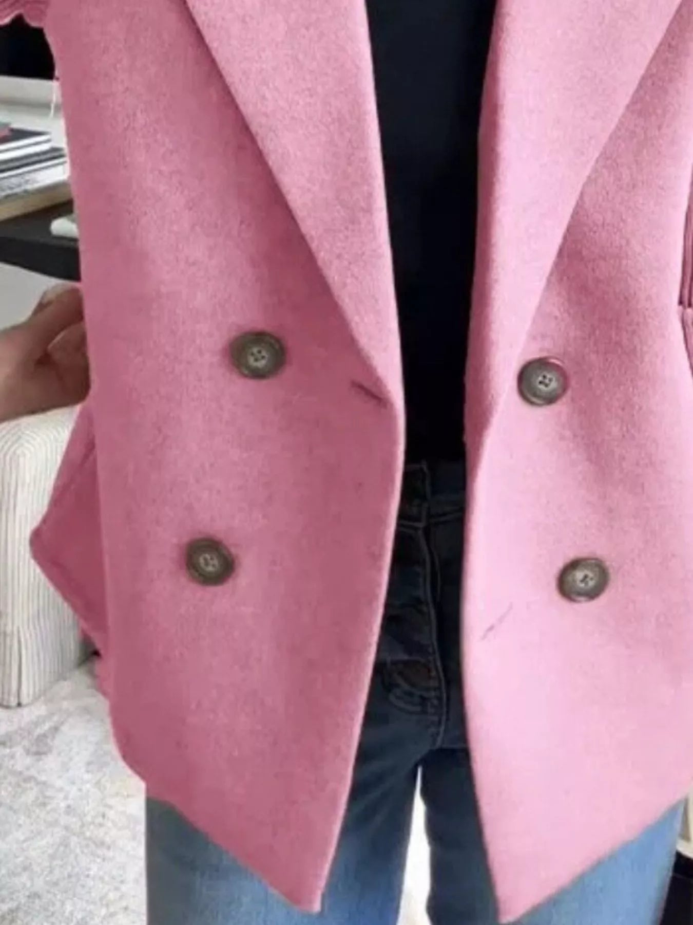Pink double-breasted wool blend blazer with button details