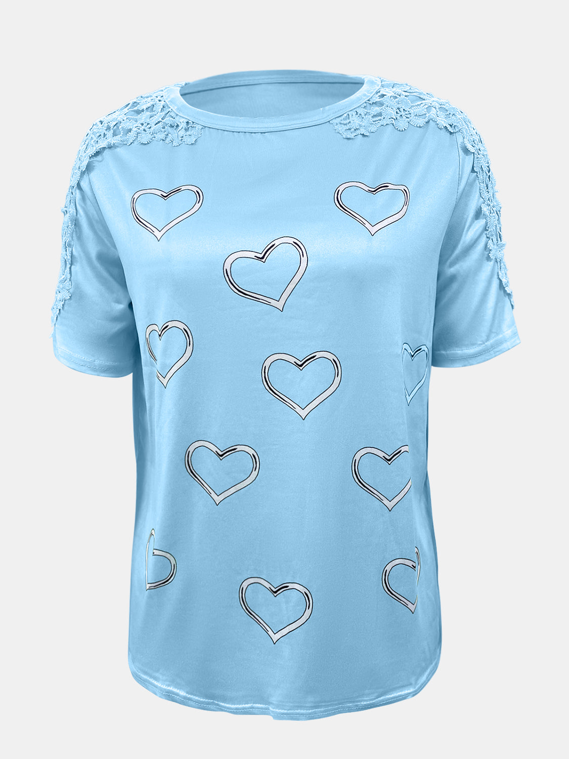 Sky blue t-shirt with heart print and lace trim on shoulders and sleeves.
