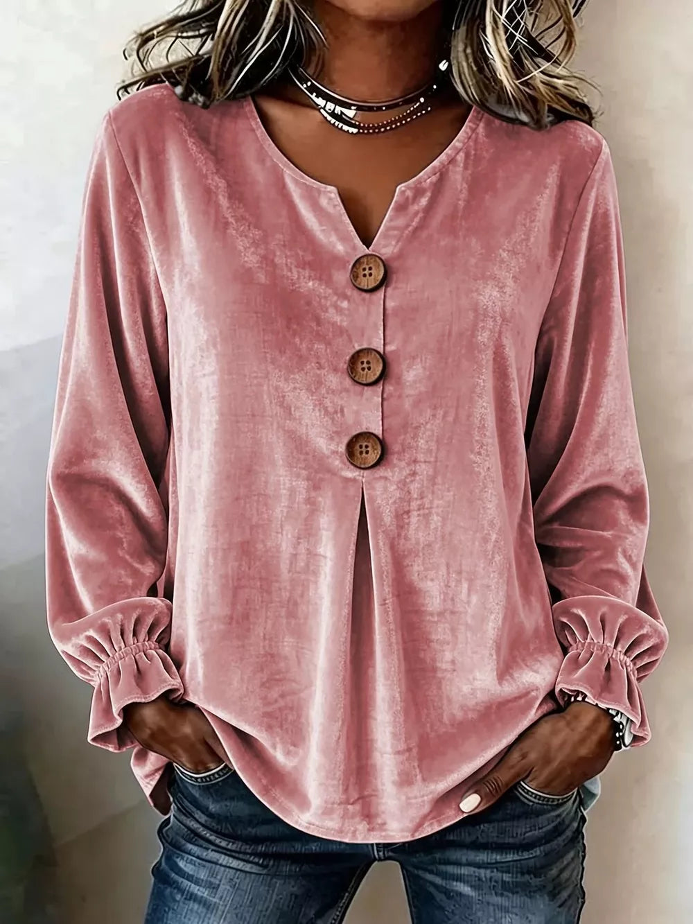 Velvet Button Decor Blouse With Ruffled Cuffs in Black, front view