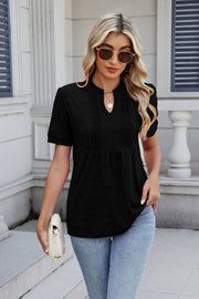 Black short sleeve tee with pleated yoke and keyhole neckline