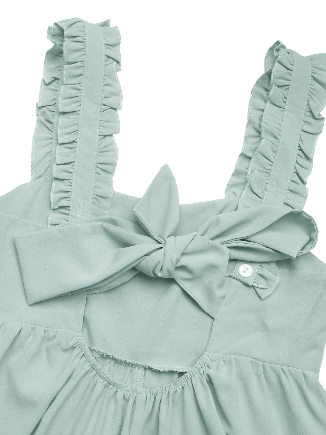 Light green ruffled strap romper with a large bow back detail and button closure.