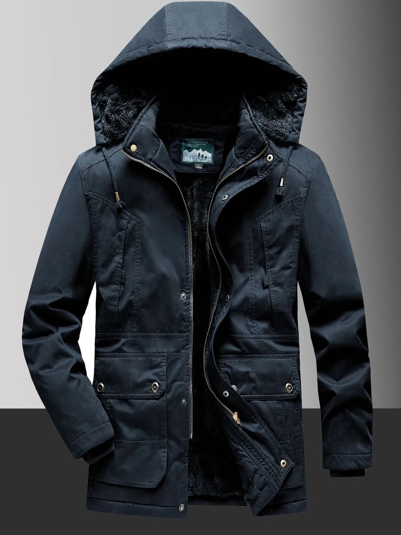 Men's black fleece-lined hooded coat with multiple pockets and zipper closure.