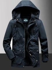 Men's black fleece-lined hooded coat with multiple pockets and zipper closure.