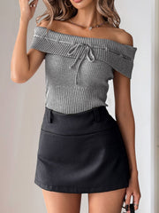 Gray ribbed knit off-shoulder blouse with tie detail