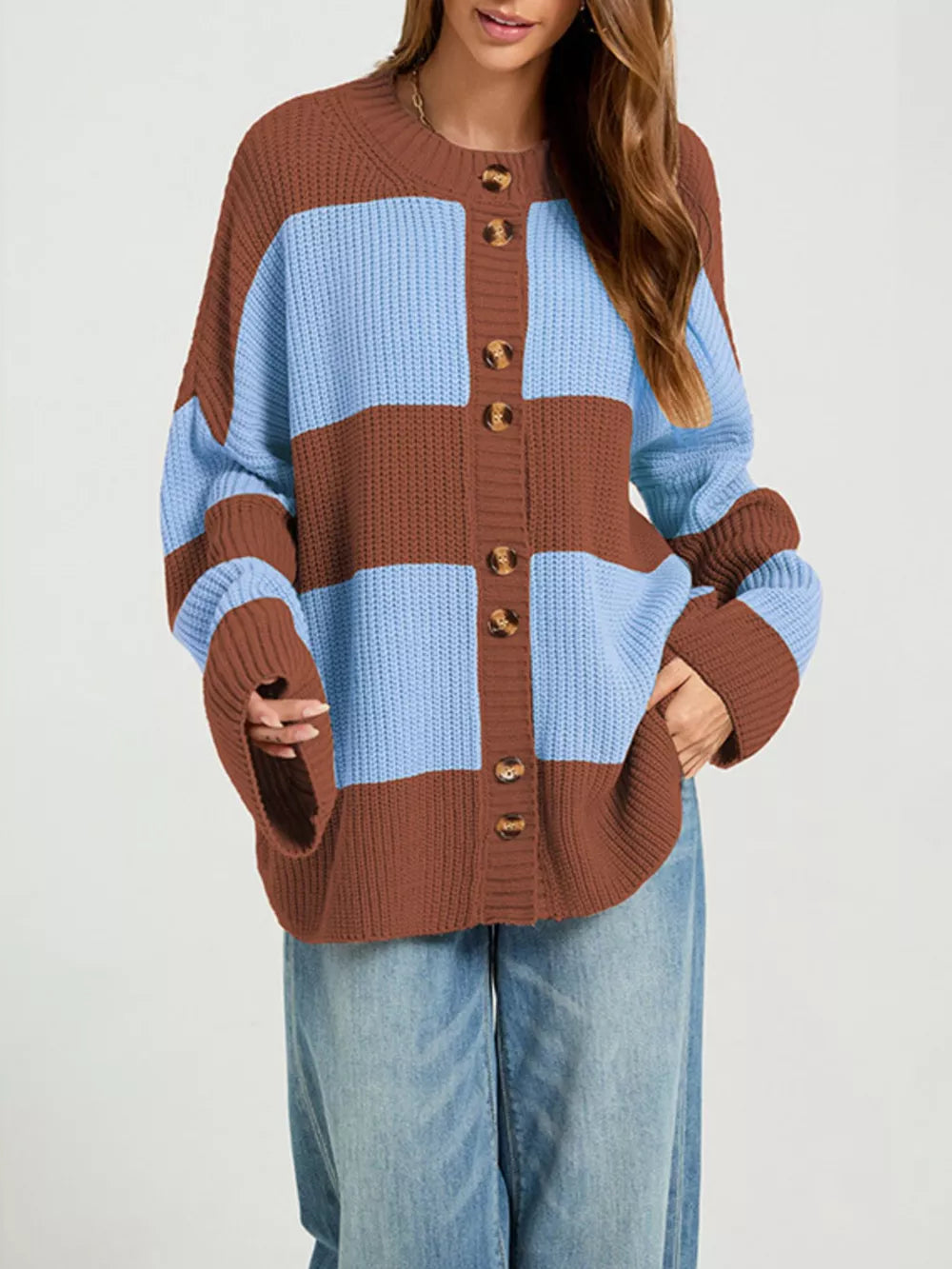 100% acrylic Care instructions: Machine wash cold cardigan in Khaki with oversized silhouette