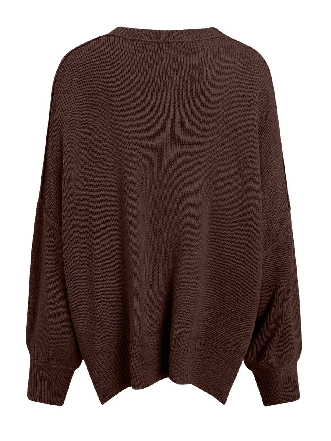 Oversized ribbed knit sweater in chocolate with drop shoulders and crew neck.