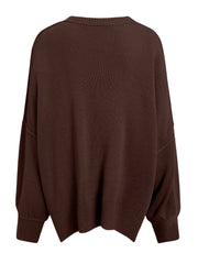 Oversized ribbed knit sweater in chocolate with drop shoulders and crew neck.