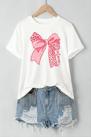 White graphic tee with pink leopard print bow and "Mama" text.