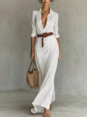 Elegant V-neck Ruched Maxi Dress With Belt in Black, model styling view