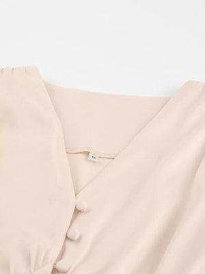 Elegant V-neck Puff Sleeve Button-down Midi Dress in White, alternate angle