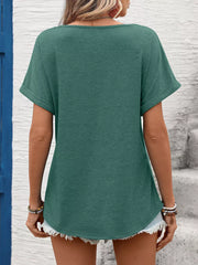 Dark green relaxed fit t-shirt with cuffed short sleeves and lace trim detail.