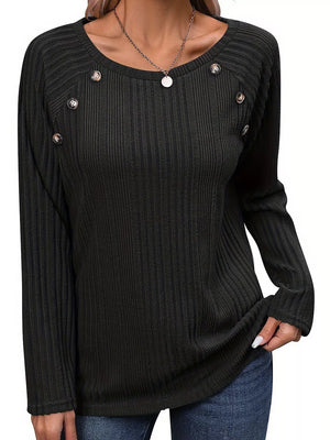 Ribbed Long Sleeve T-shirt With Button Detail in Black, front view
