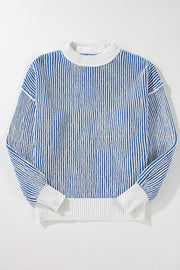 Light blue and white striped knit drop-shoulder sweater with crew neck and ribbed cuffs.