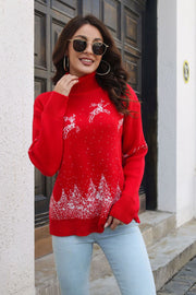 Red turtleneck sweater with white reindeer and tree pattern, acrylic knit.