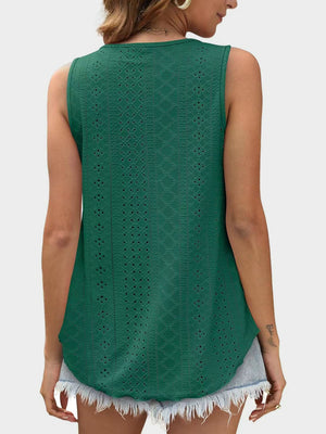 Dark green eyelet scoop-neck trapeze tank top with a breathable, casual fit.