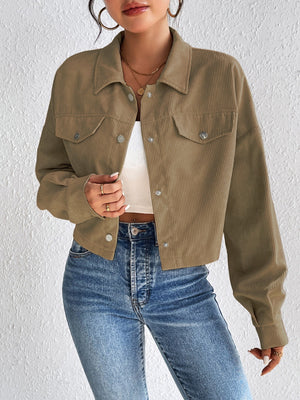 Cropped taupe corduroy jacket with snap front and chest pockets
