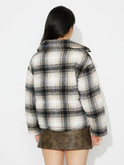 Plaid puffer jacket with a cozy collar in gray and black plaid.
