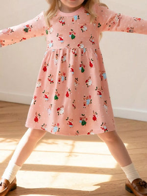 Baby girls' pink cotton Christmas print dress with long sleeves and a pocket.