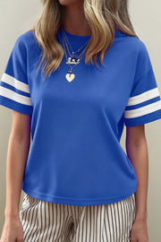 Blue cotton blend crew neck t-shirt with white varsity stripes on sleeves