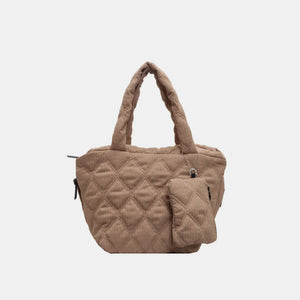 Quilted tote bag in camel with diamond pattern and matching coin purse.