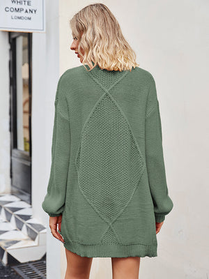 Sage cable knit longline cardigan with diamond pattern detail on back.
