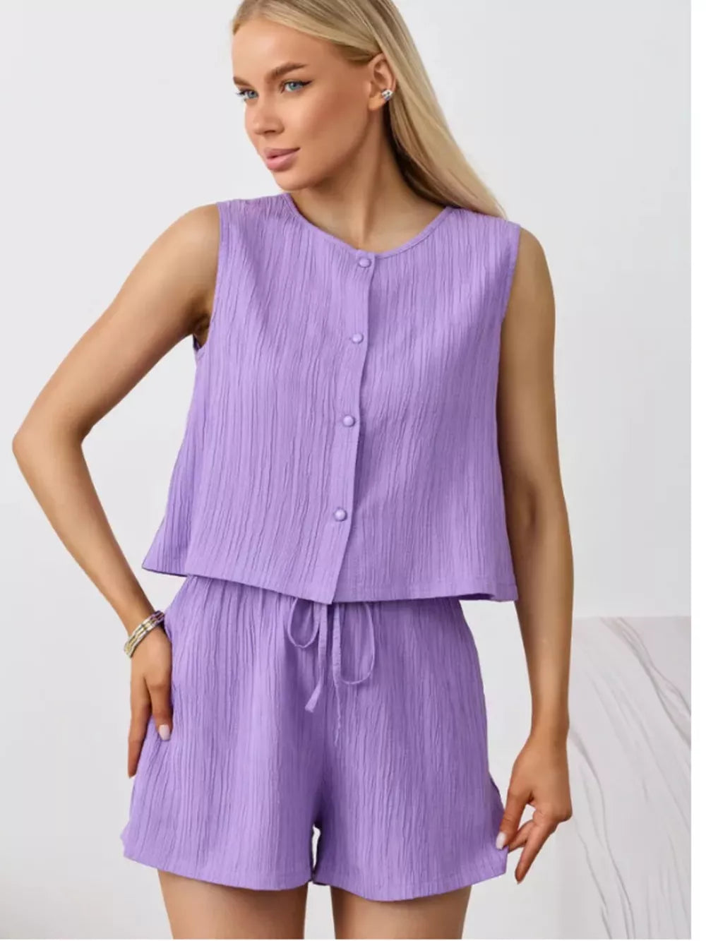 Purple textured cotton tank top and drawstring shorts set with button front detail