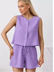 Purple textured cotton tank top and drawstring shorts set with button front detail