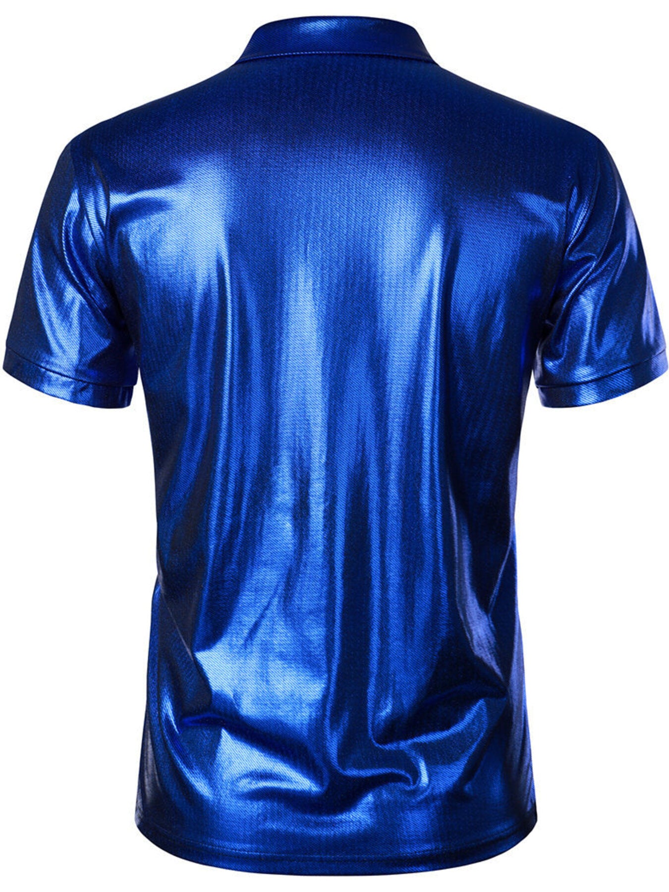 Men's blue collared polo shirt with textured metallic finish