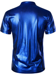 Men's blue collared polo shirt with textured metallic finish